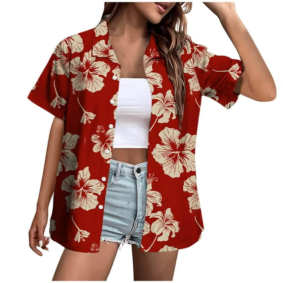 Pincandy Women's Hawaiian Shirts Summer Plus Size Beach Shirt Short Sleeve Button Up Tops Cool Floral Tropical Printed Blouses