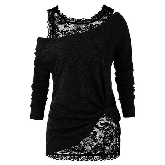 Pincandy Women's Lace Gothic Tops 2 in 1 Long Sleeve One Shoulder Tops for Women Knit Twist Top Crewneck Sweater