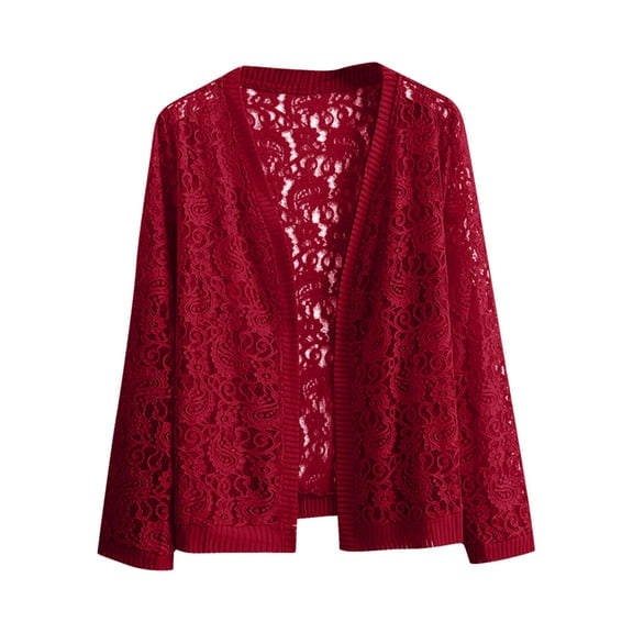 Pincandy Women's Lace Open Front Cardigan Lightweight Sheer Long Sleeve Bolero Shrug Hollowed-Out Jacket Fashion Trendy Tops
