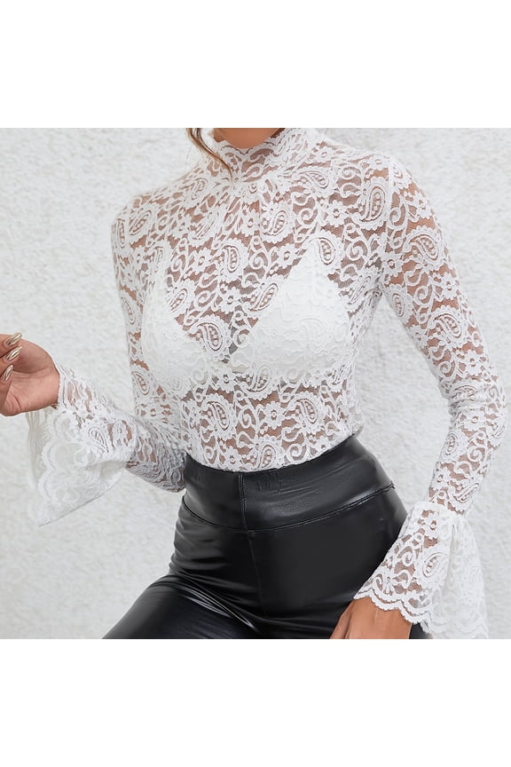 Women's Long Sleeve Lace Mesh Tops High Neck Sheer Blouse Sexy Floral Going Out Top