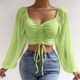 thumbnail image 1 of Pincandy Women's Long Sleeve Mesh Solid Color Drawstring V-Neck Cropped Top Blouse,Green,M, 1 of 8