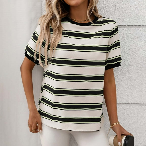 Pincandy Women's Loose Casual Striped Contrasting Short Puff Sleeve Tops Striped Color Block Summer T Shirt Trendy Casual Crew Neck Basic Tee,Black,XL