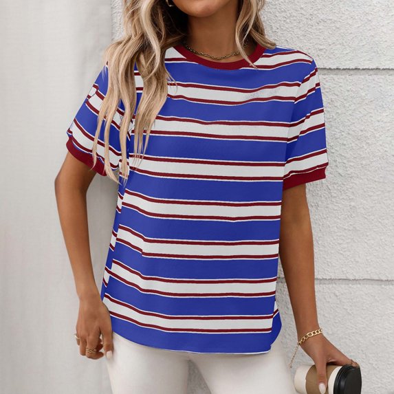Pincandy Women's Loose Casual Striped Contrasting Short Puff Sleeve Tops Striped Color Block Summer T Shirt Trendy Casual Crew Neck Basic Tee,Blue,S