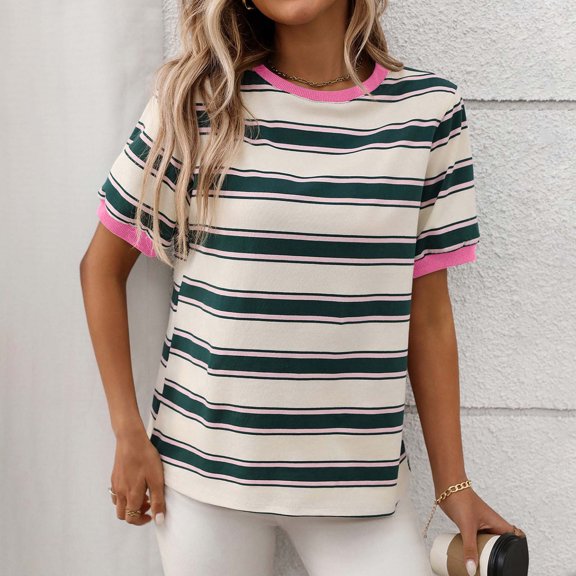 Pincandy Women's Loose Casual Striped Contrasting Short Puff Sleeve Tops Striped Color Block Summer T Shirt Trendy Casual Crew Neck Basic Tee,Pink,XL