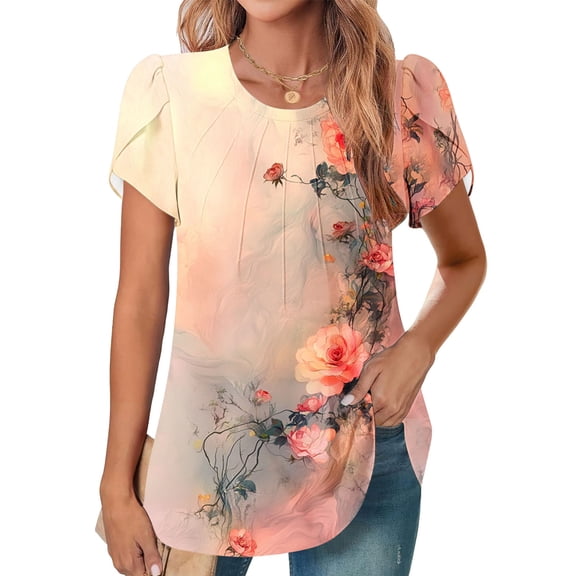 Pincandy Women's New SHort Sleeve Round Neck Cover Casual Pleated Tunic Top Curved Hem Printed Fashion Top,Multicolor,XL