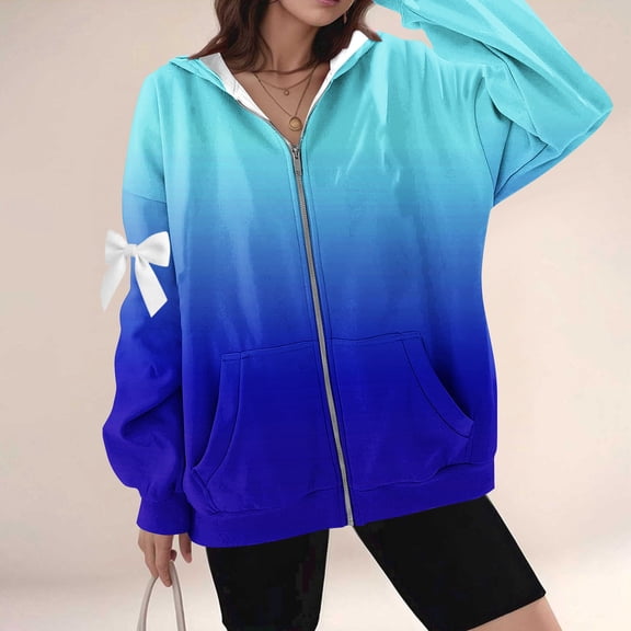 Pincandy Women's Oversized Bow Lightweight Hoodies for Women Full Zip Up Long Sleeve Drawstring Jackets