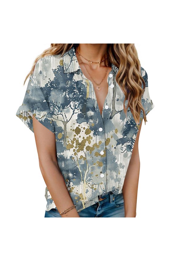 Women's Oversized Button Down Shirts Hawaiian Style Comfy Slim Floral Print Tops Short Sleeve Button Down Lapel Tees