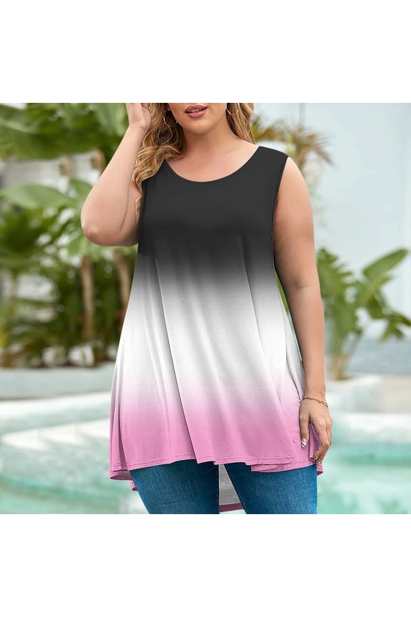 Women's Oversized Short Sleeved T-shirt Loose Tank Top Casual Trendy Ombre Gradient U-Neck Sleeveless Beach Vacation Mini Tank Sundress with Pocket,Pink,4XL