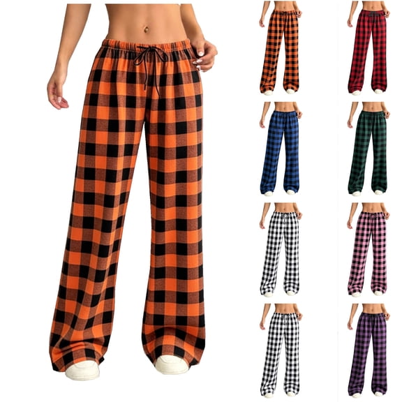 Pincandy Women's Plaid Elastic Waist Pants - Drawstring & Pockets, Wearable for Loungewear