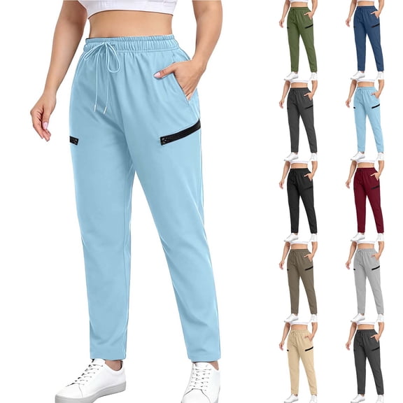 Pincandy Women's Plus Size Drawstring Solid Color Sports Pants with Zipper, Pockets, Casual & Workout Wear