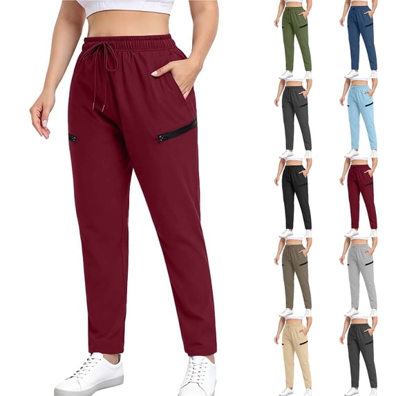 Pincandy Women's Plus Size Drawstring Solid Color Sports Pants with Zipper, Pockets, Casual & Workout Wear