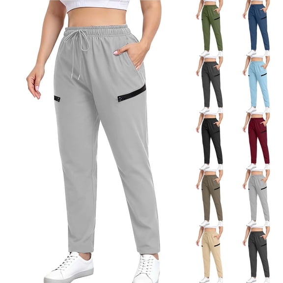 Pincandy Women's Plus Size Drawstring Solid Color Sports Pants with Zipper, Pockets, Casual & Workout Wear