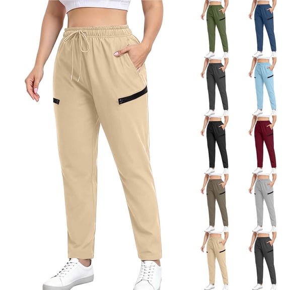 Pincandy Women's Plus Size Drawstring Solid Color Sports Pants with Zipper, Pockets, Casual & Workout Wear