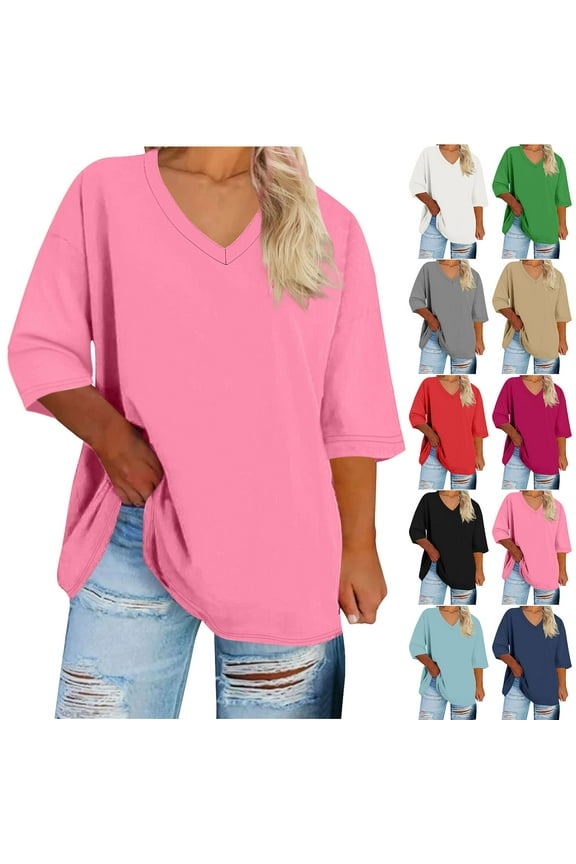 Women's Plus Size Solid Color 3/4 Sleeve V Neck Base Layer T Shirt Soft Breathable Top Ideal for Summer Daily Layering and Casual Outings