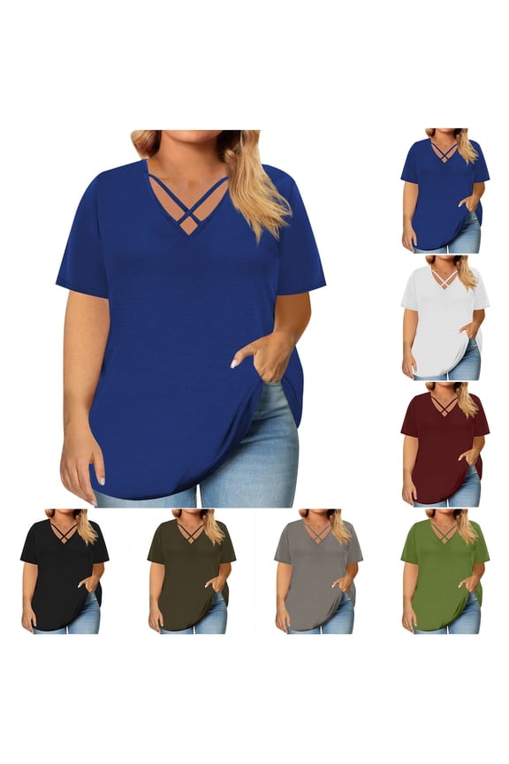 Women's Plus Size V Neck Short Sleeve Solid Color Summer Base Layer T Shirt Soft Lightweight Tee Perfect for Summer Daily Commute and Family Gatherings