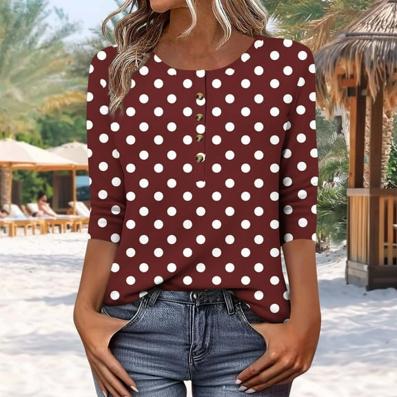 Pincandy Women's Printed Button 3/4 Sleeve T-shirt Tops V Neck Polka Dot Graphic Tees Shirts Button Three Quarter Length Dressy Blousess,Wine,3XL