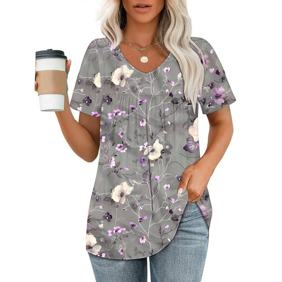Pincandy Women's Printed V-neck Short-sleeved T-shirt Loose Top Short Sleeve Summer Casual Tunic Short Sleeve Dressy Blouses Trendy Flowy Tshirts,Multicolour,S