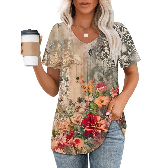 Pincandy Women's Printed V-neck Short-sleeved T-shirt Loose Top Short Sleeve Top Summer Puff Short Sleeve Tunic Pleated V Neck Shirts Casual Floral Solid Blouse,Yellow,M