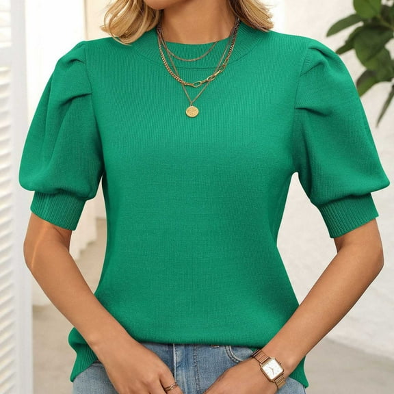 Pincandy Women's Puff Short Sleeve Sweater Tops 2025 Spring Summer Trendy Crew Neck Casual T Shirts Blouses