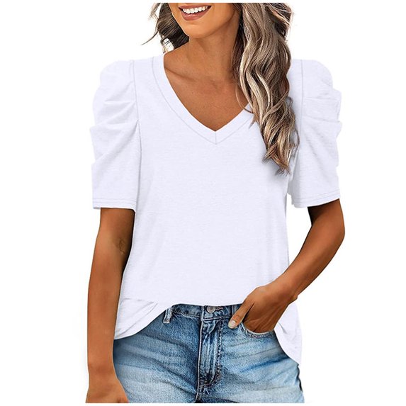 Pincandy Women's Puff Short Sleeve Sweater Tops Loose Lightweight V Neck Pullover Sweater Knit Shirt Blouse,White,M
