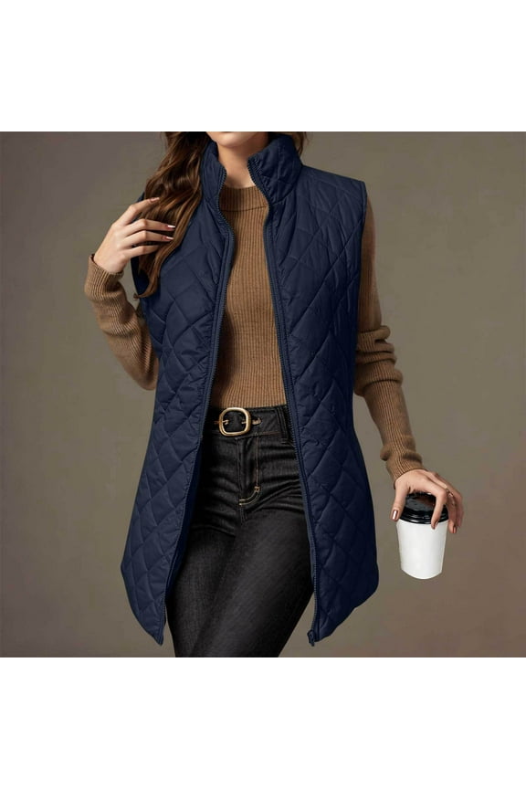 Women's Quilted Long Vest Basic Solid Color Lightweight Padded Gilet Petite Sleeveless Warm Coat Outerwear 2025