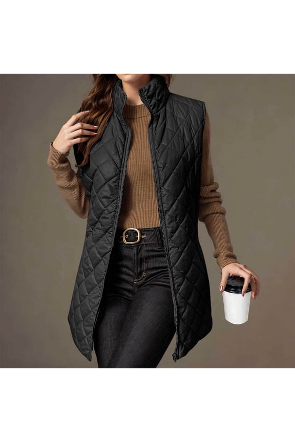 Women's Quilted Long Vest Basic Solid Color Lightweight Padded Gilet Petite Sleeveless Warm Coat Outerwear 2025
