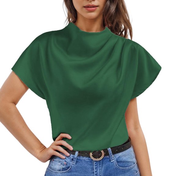 Pincandy Women's Round Neck Short Sleeved Left Shoulder Pleated Satin Women's Top Short Sleeved Round Neck Top,Green,2XL