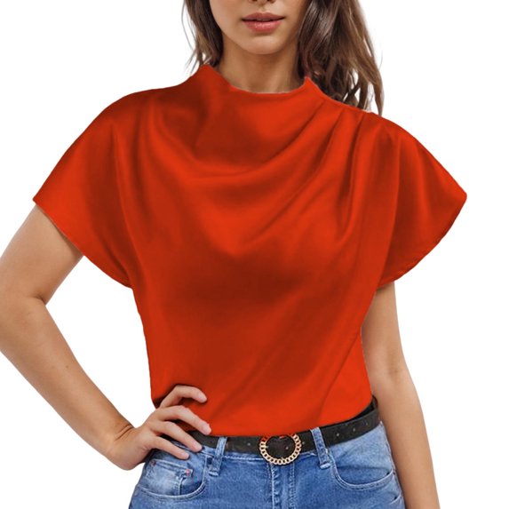 Pincandy Women's Round Neck Short Sleeved Left Shoulder Pleated Satin Women's Top Short Sleeved Round Neck Top,Orange,S