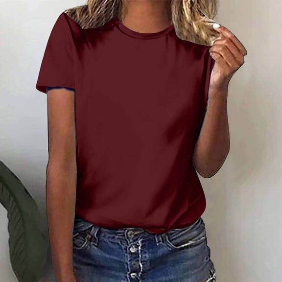 Pincandy Women's Round Neck Solid Color Short Sleeved Casual Loose Short Sleeved Round Neck Tops/shirt Summer Soft Long TshirtsTee Tops Blouse,Wine,XL