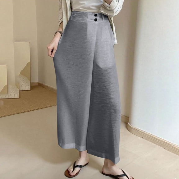 Pincandy Women's Solid Color Casual Loose Wide Leg Pants - Elastic Waist with Buttons & Pockets, Boho Style for Daily Wear