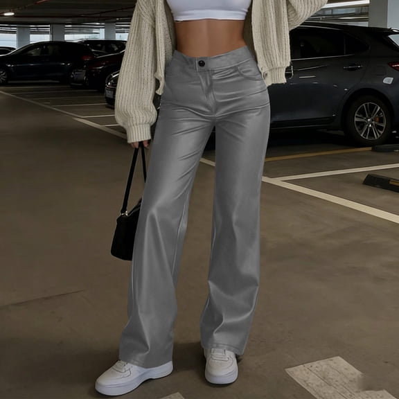 Pincandy Women's Solid Color Casual Pants with Leather-Look Buttons - Elastic Waist, Zipper Fly, Loose Wide Leg Fit with Pockets, Stylish Addition to Your Wardrobe