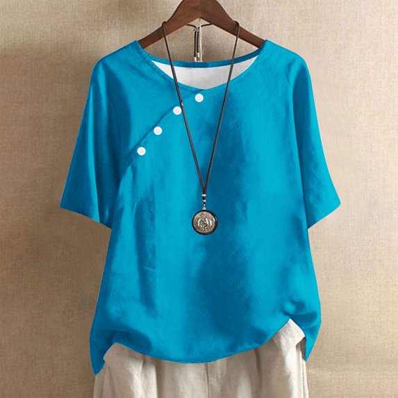 Pincandy Women's Solid Color Casual Round Neck Linen Knot Linen Button Short Sleeved Top,Blue,S