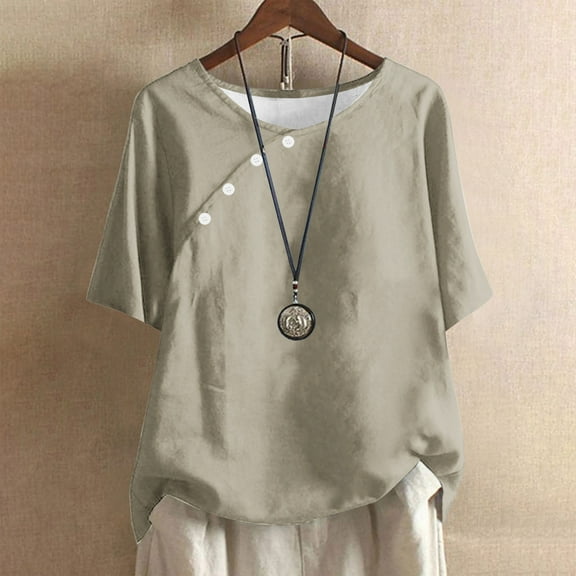Pincandy Women's Solid Color Casual Round Neck Linen Knot Linen Button Short Sleeved Top,Gray,M