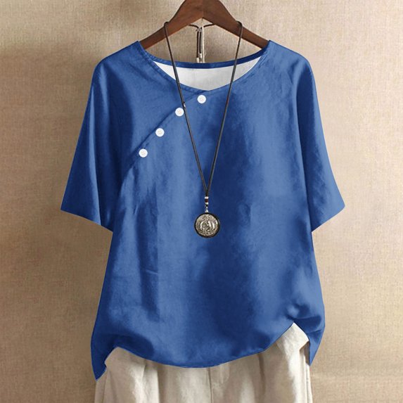 Pincandy Women's Solid Color Casual Round Neck Linen Knot Linen Button Short Sleeved Top,Navy,S