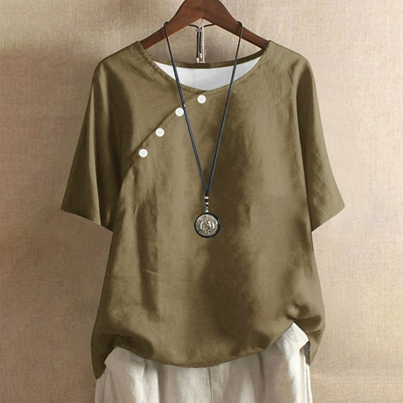 Pincandy Women's Solid Color Casual Round Neck Linen Knot Linen Button Short Sleeved Top,Yellow,XL