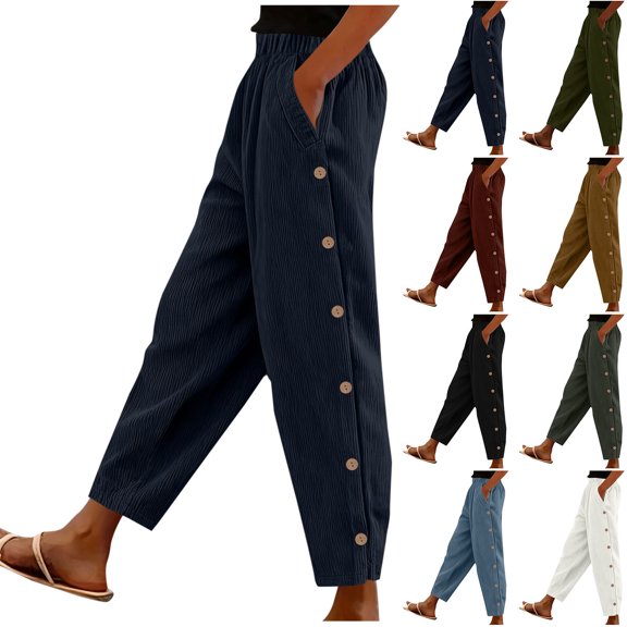 Pincandy Women's Solid Color Elastic Waist Corduroy Casual Pants, Side Pockets, Side Buttons, Casual & Daily Wear