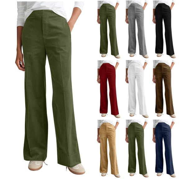 Pincandy Women's Solid Color Fashion Half Elastic Waist Corduroy Wide Leg Pants with Pockets, Loose Fit, Casual & Daily Wear