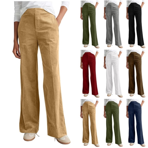 Pincandy Women's Solid Color Fashion Half Elastic Waist Corduroy Wide Leg Pants with Pockets, Loose Fit, Casual & Daily Wear