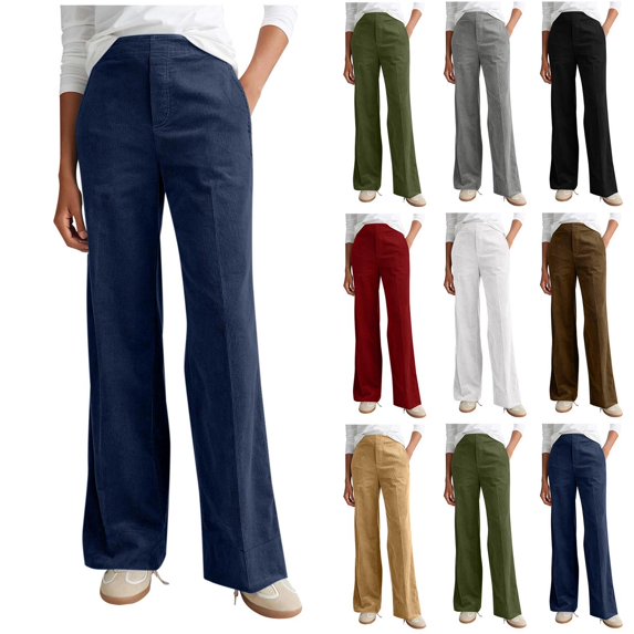 Pincandy Women's Solid Color Fashion Half Elastic Waist Corduroy Wide Leg Pants with Pockets, Loose Fit, Casual & Daily Wear