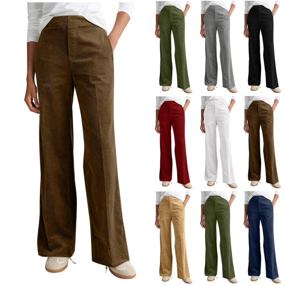 Pincandy Women's Solid Color Fashion Half Elastic Waist Corduroy Wide Leg Pants with Pockets, Loose Fit, Casual & Daily Wear