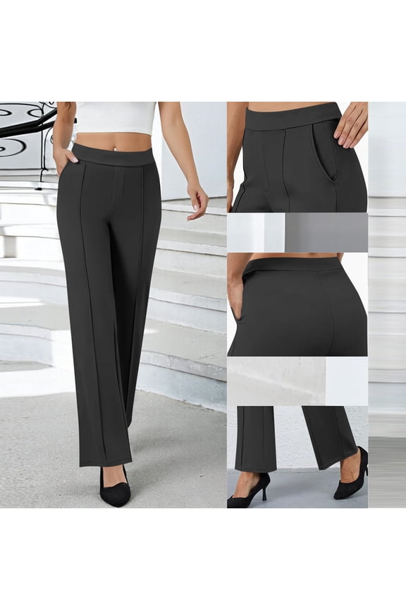Women's Solid Color Gabardine Pants - Elastic Waist with Unique Leg Line Design, Loose Fit with Side Pockets, Ideal for Casual & Active Lifestyles