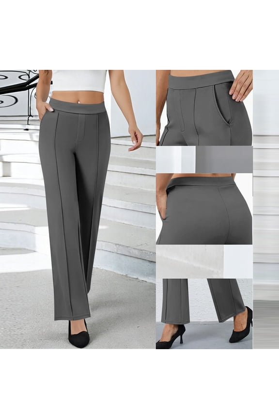 Women's Solid Color Gabardine Pants - Elastic Waist with Unique Leg Line Design, Loose Fit with Side Pockets, Ideal for Casual & Active Lifestyles