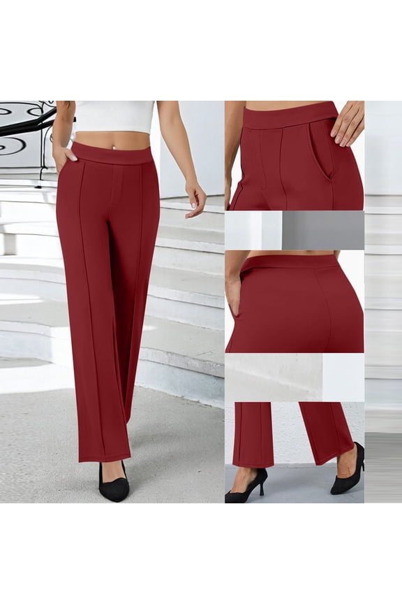 Women's Solid Color Gabardine Pants - Elastic Waist with Unique Leg Line Design, Loose Fit with Side Pockets, Ideal for Casual & Active Lifestyles