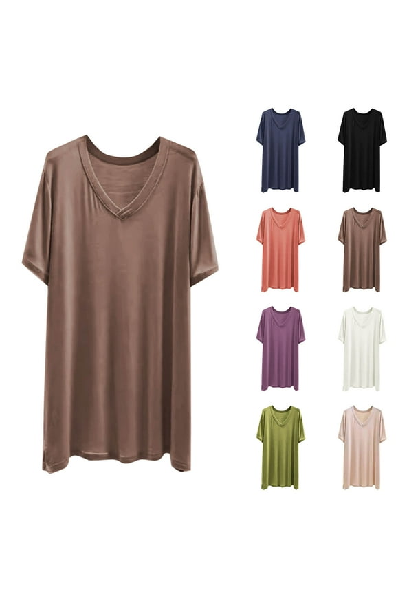 Women's Solid Color Lightweight Modal Short Sleeve V Neck Long Length Top Soft Comfy Tee Ideal for Summer Home Lounge and Casual Indoor Wear