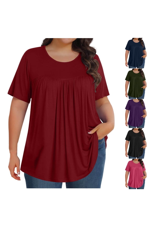 Women's Solid Color Ruched Crew Neck Short Sleeve Top Relaxed Fit Soft Comfy Tee Lightweight Breathable Shirt for Spring Summer Daily Outfits