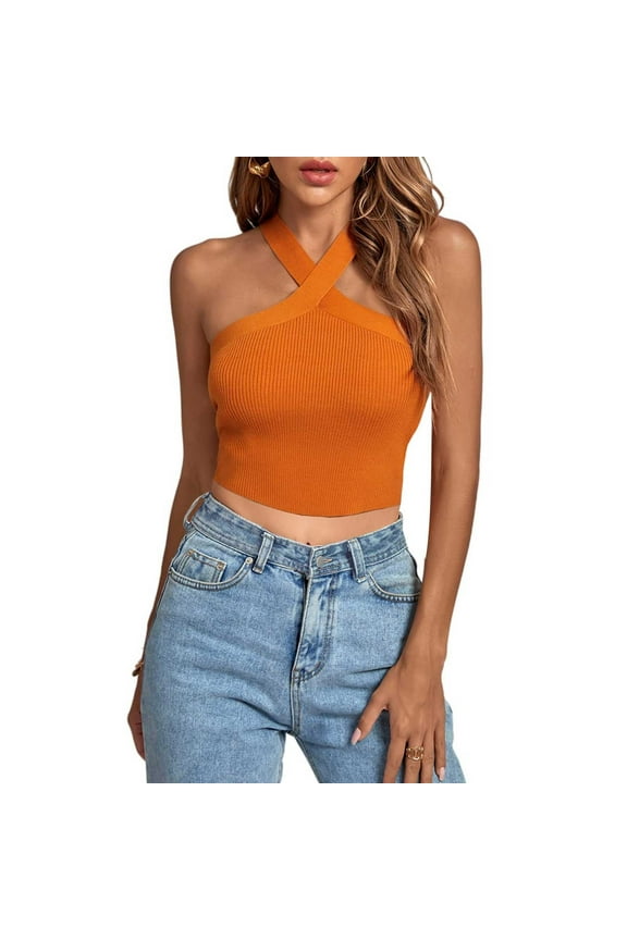 Women's Spring and Summer Strap Open Back Sexy Criss Cross Ribbed Knit Halter Crop Cami Sleeveless Backless Slim Fit Solid Casual Cropped Tank Top,Orange,2XL