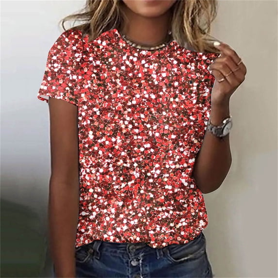 Pincandy Women's Spring Top Bright Print Casual Short-sleeved Top Summer Tops Trendy 2025 Ruched Cap Short Sleeve Tshirts Shirts Crew Neck T Shirts Fashion,Red,XL