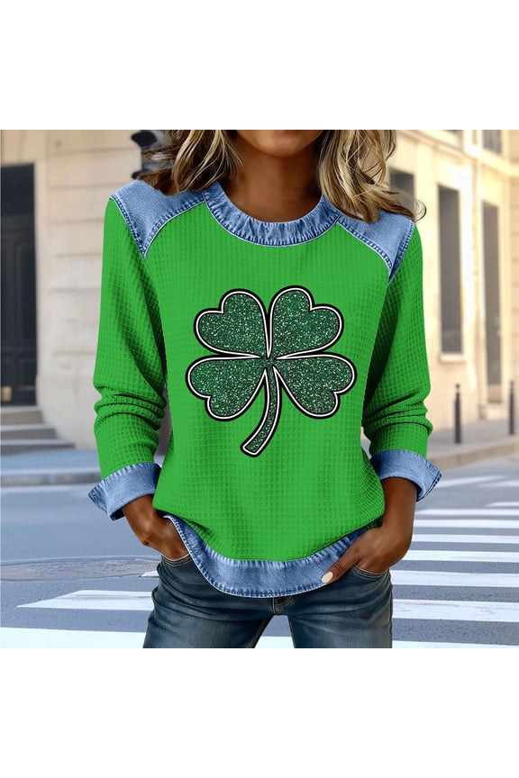 Women's St. Patrick's Day Clover Print Round Neck Long Sleeve Slim Fit Casual Top