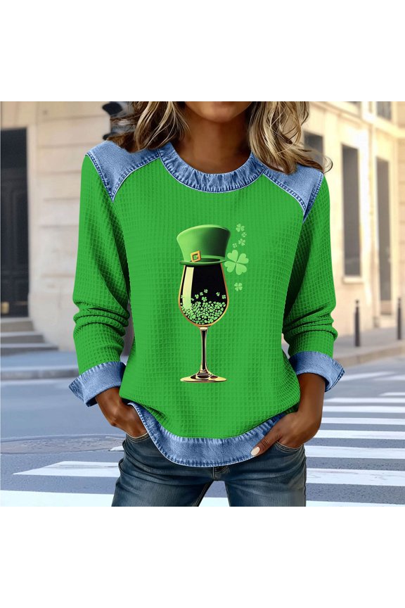 Women's St. Patrick's Day Graphic Print Round Neck 3/4 Sleeve Waffle Knit Loose Blouse
