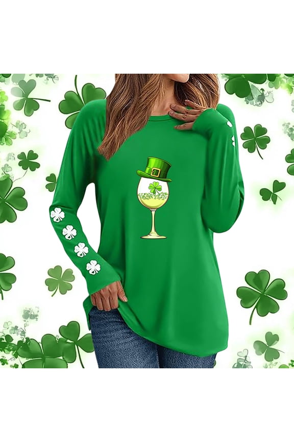 Women's St. Patrick's Day Lucky Clover Print Round Neck Raglan Long Sleeve Waffle Knit Top